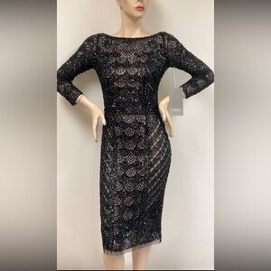 Theia beaded long sleeves V-Back midi dress